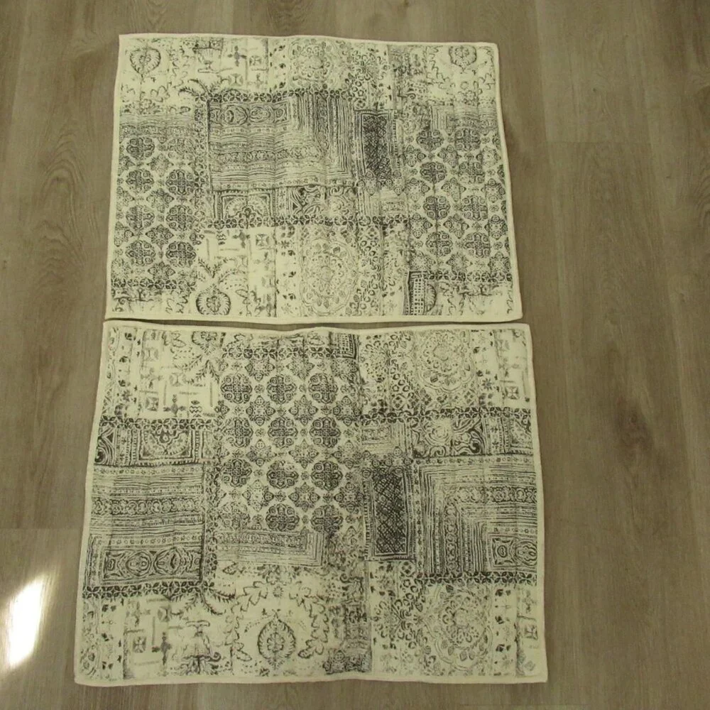 1 Pair Pottery Barn Pillow Shams Standard Gray Cream Patchwork Print Quilted‎